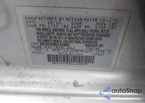 2016 Nissan Versa 1.6 Sv z USA, uszkodzony, nr VIN 3N1CN7AP8GL833029
